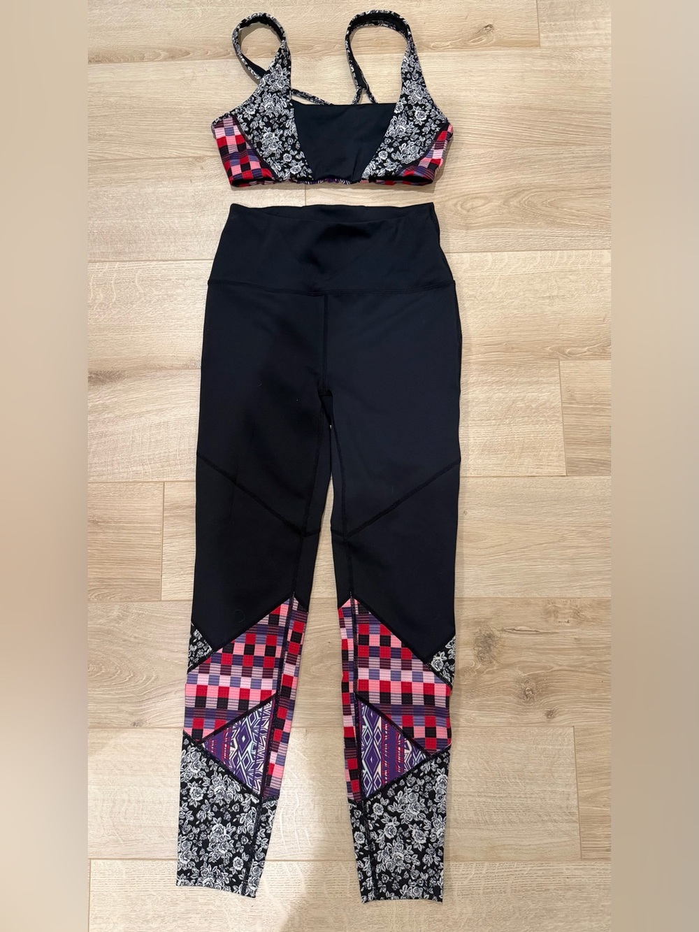 Free People Movement Set Black Leggings with Pink, Red & Purple Patterned Panels